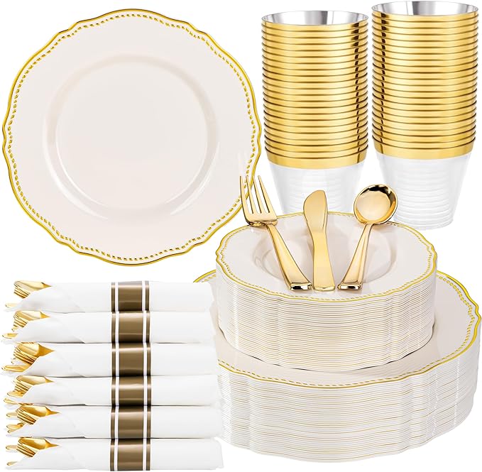 Hioasis 175pcs Ivory Gold Plastic Plates - Gold Plastic Dinnerware Set Includes 25 Dinner Plates, 25 Dessert Dinnerware, 25 Cups, 25 Napkins Perfect for Wedding & Party