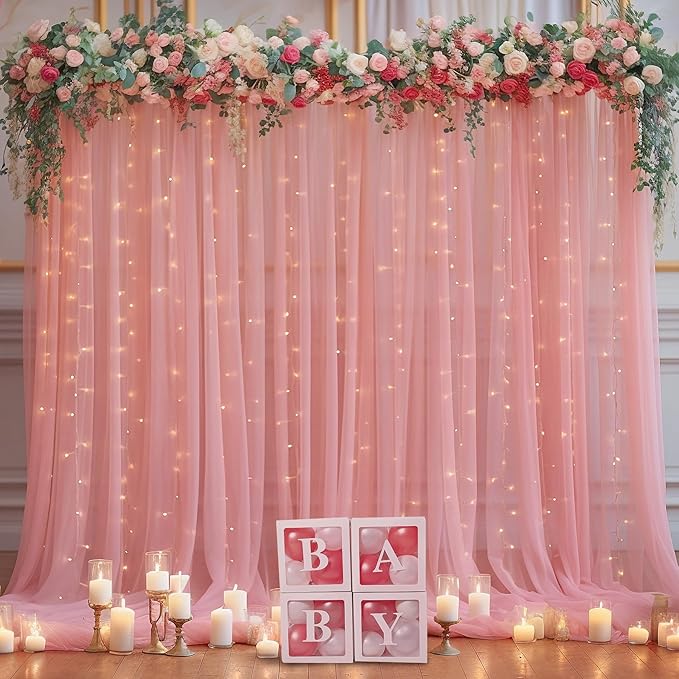 30x10ft Dusty Rose Tulle Backdrop Curtain with Lights String for Parites, Sheer Photo Backdrop Curtains with Lights for Wedding Backdrop Ceremony Reception Bridal Shower Baby Shower Birthday Party