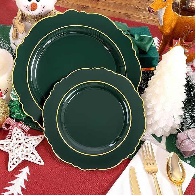 Liacere 175PCS Green Plastic Plates - Christmas Green Disposable With Gold Rim - 25Guest Baroque Plastic Dinnerware include 50Plates-25Pcs Pre Rolled Napkins with Silverware 25Cups for Christmas Day