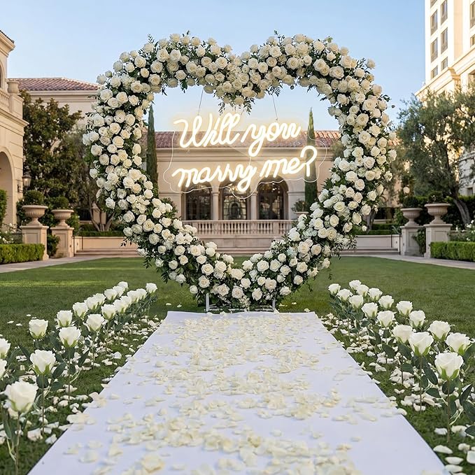Proposal Decorations Kit Will You Marry Me LED Neon Light Metal Heart Stand Carpet 2000 Rose Petals 30 Artificial Roses for Proposal Wedding Bridal Valentine Engagement Birthday Party (White)