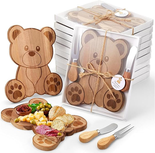 12 Set Baby Shower Prizes Bear Shaped Cheese Board with Cheese Knives and Forks Baby Shower Party Favors Gift Box for Wedding Bridal Birthday Gender Reveal Favor (Acacia Color)