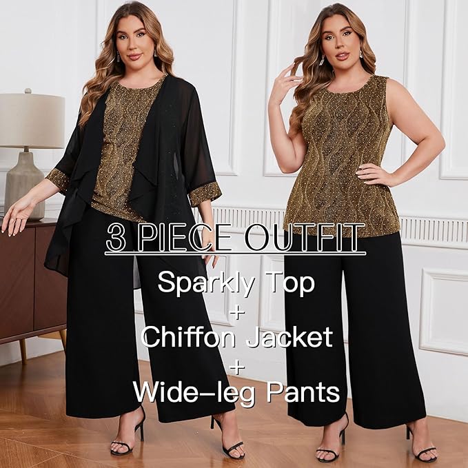 ZOMVA Plus Size 3 Piece Formal Pantsuit Sparkly Chiffon Jacket Set Dressy Outfit Mother of The Bride Groom Wedding Cocktail