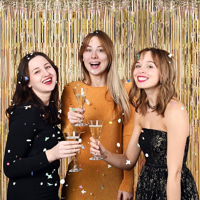Champagne Gold Foil Fringe Curtains 50 Pack 3.2ft x 8.2ft Fringe Backdrop Curtains Metallic Tinsel Streamer Photo Backdrop for Birthday Party Decorations Halloween Christmas Party Supply
