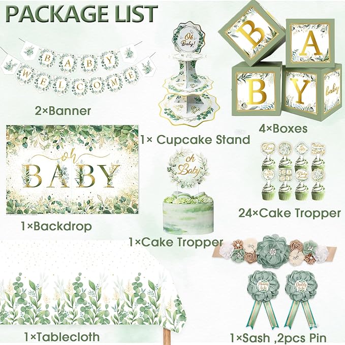 Sage Green 172pcs Gender Neutral Baby Shower Decorations - Boho Greenery Party Supplies with Oh Baby Backdrop, Tablecloth, Balloons, BABY Box, Welcome Banner