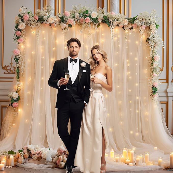 20x8ft Champagne Tulle Backdrop Curtain with Lights String for Parites, Sheer Photo Backdrop Curtains with Lights for Wedding Backdrop Ceremony Reception Bridal Shower Baby Shower Birthday Party