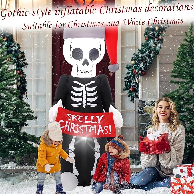 5 FT Christmas Hat Skeleton, Outdoor Inflatable Decorations with Built-in LED Lights for Gothic Style Holiday Inflatable White Christmas for lawns, Gardens, and Outdoor use