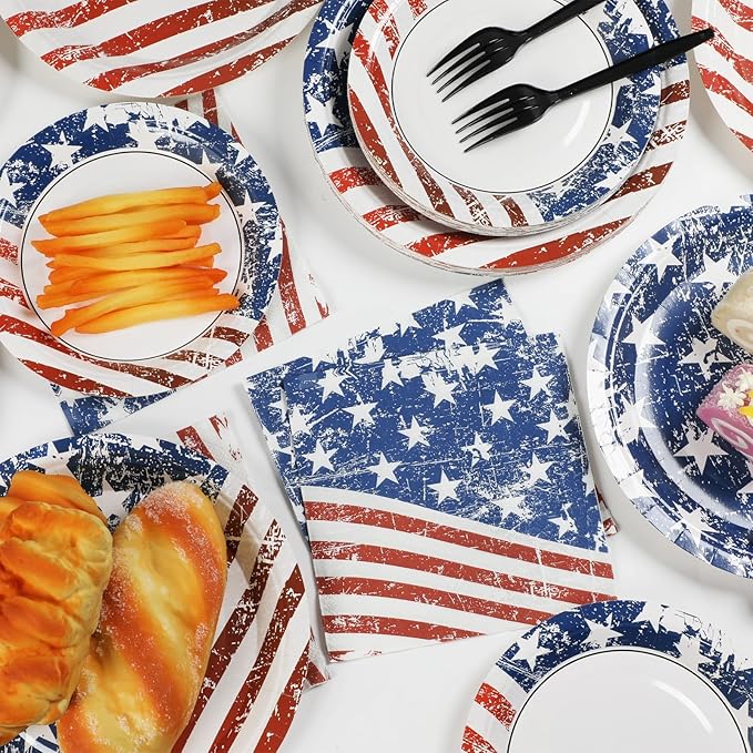 50 Guests Patriotic Party Plates and Napkins Tableware Set 4th of July American Flag Birthday Party Supplies Independence Day Dinnerware Favors Veterans Day Memorial Day Decorations for Kid Boys Girls