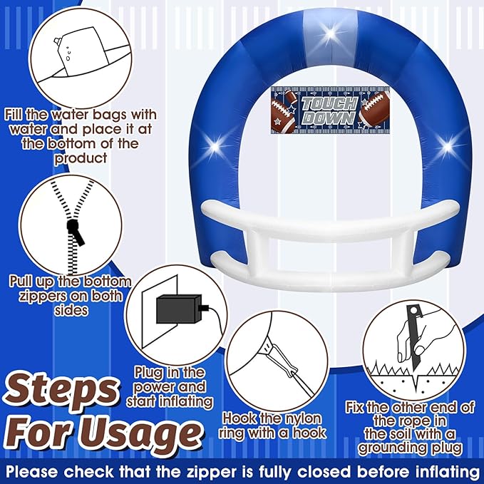 8FT Blue and White Football Helmet Inflatable Arch with Game Day Banner, Giant Outdoor Blow Up Football Helmet with Built-in 3 LED Lights for Football Themed Birthday Party Lawn Yard Decoration