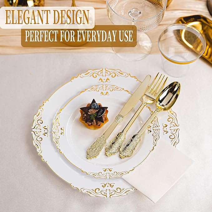 350PCS Gold and White Plastic Plates, Gold Plastic Dinnerware Sets for 50 Guests, 100 Disposable Plates, 150 Silverware, 50 Cups, 50 Napkins for Party and Wedding