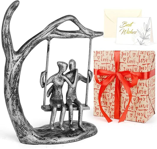 Anniversary Wedding Gifts for Couple/Her - Romantic Couple Statue in Love, Antique Silver Metal Figurine Sweet Loving Together Iron Sculpture Decor, Valentines Gifts for Wife Her Him
