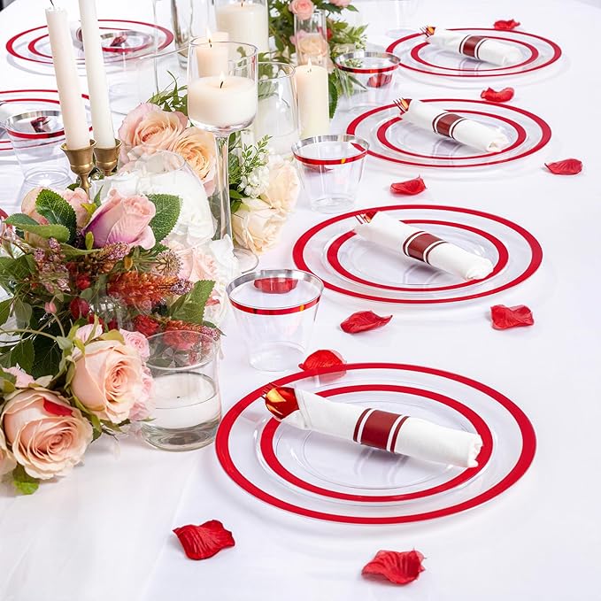 I00000 700 Piece Red Plastic Dinnerware Set for Party, Clear Disposable Plates for 100 Guests, Include: 100 Dinner Plates, 100 Dessert Plates, 100 Pre Rolled Napkins with Cutlery Set, 100 Cups