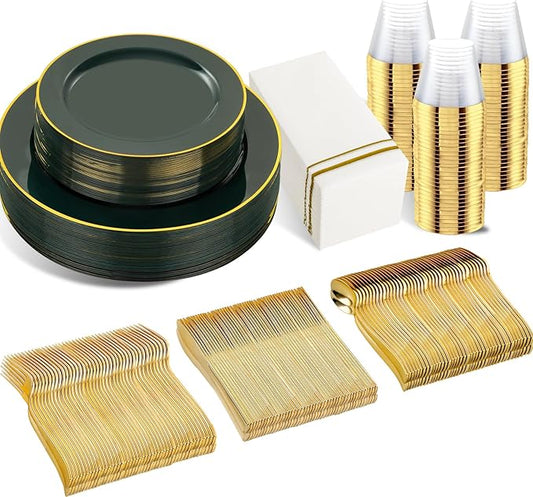 SUT 350PCS Green and Gold Plastic Plates for 50 Guests, Disposable Plates and Napkins Party Supplies, Gold Plastic Silverware, Plates, Cups and Napkins Sets，Party Plates and Cups and Napkins Sets