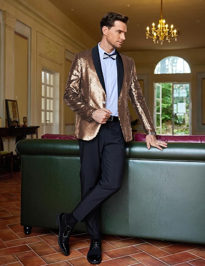 COOFANDY Mens Shiny Sequin Blazer Tuxedo Party Dinner Prom One Button Suit Jacket
