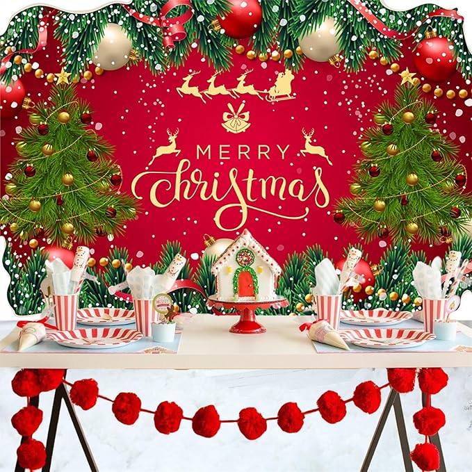 Baocicco 10x6.5ft Merry Christmas Photography Background Merry Xmas Baubles Ribbon Green Plants Backdrops for Photoshoot Winter Holiday Party Banner Festival Celebration Banner Photo Booth Studio Prop