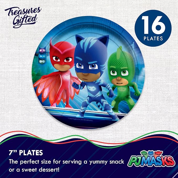 Treasures Gifted Officially Licensed PJ Masks Birthday Party Supplies - Serves 16 Guests - Dinnerware Deluxe Set PJ Masks Party Party Decorations - Tablecloth, Plates, Napkins & Cups