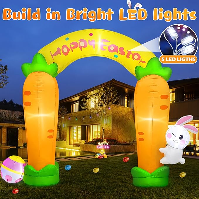 MICOCAH 9FT Long Easter Inflatables Archway Outdoor Decorations, Easter Inflatable Bunny Carrot Arch with Colorful Egg Built-in LEDs Blow Up Yard Decoration for Easter Decor Holiday Party Garden Lawn