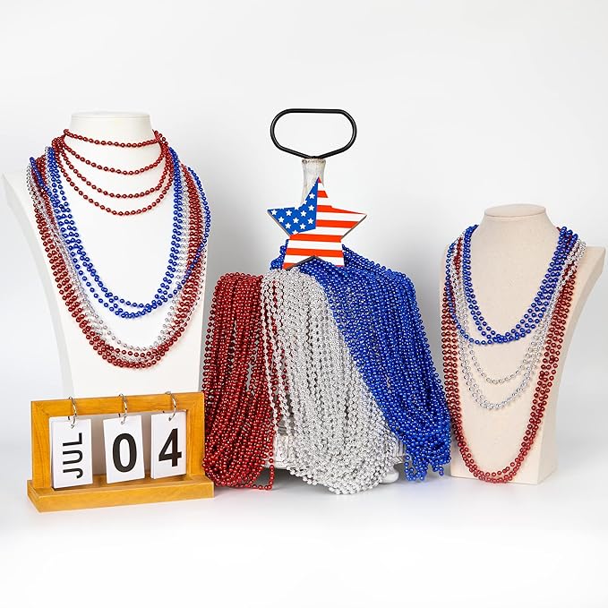 4th of July Necklace, 200PCS Independence Day Beads Toy Necklace Accessories, Fourth of July Red Blue Silver Bulk, Beads Bulk for Patriotic Parade Party Toy Celebration Favors
