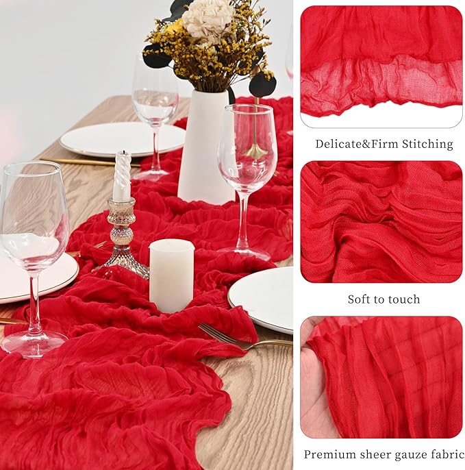 20 Pack Red Table Runner 10Ft Cheesecloth Table Runner Boho Gauze Table Runner Long Cheese Cloth Table Runner Romantic Sheer Fabric Table Runners for Wedding Party Bridal Shower
