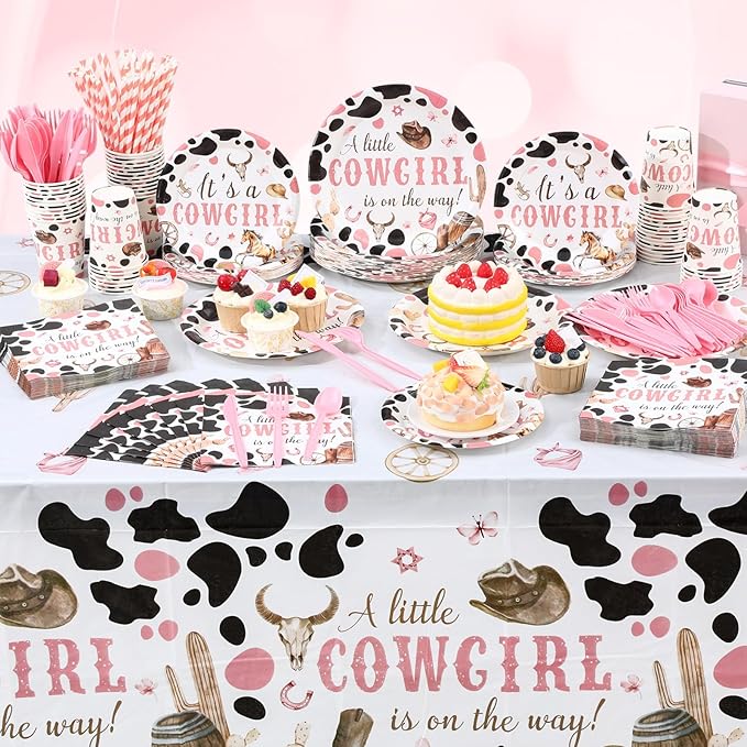 452 Pcs Cowgirl Baby Shower Party Decorations Include a Little Cowgirl Is on the Way Paper Plates Napkins Cups Tablecloth Cutlery Straws for Baby Shower Party Supplies