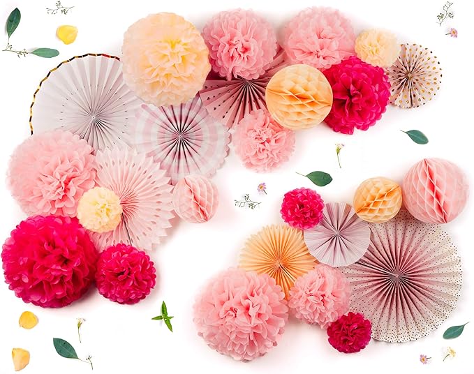 PapaKit Deluxe Origami Large Wall Decoration Set (Assorted Paper Fans & Pom-poms) Birthday Party Baby Shower Wedding Event Decor | Creative Art Design (Sparking Pink Rose Blush, Deluxe 26 Piece Set)