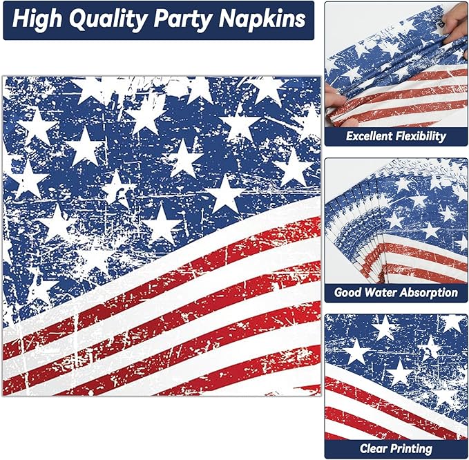 50 Guests Patriotic Party Plates and Napkins Tableware Set 4th of July American Flag Birthday Party Supplies Independence Day Dinnerware Favors Veterans Day Memorial Day Decorations for Kid Boys Girls