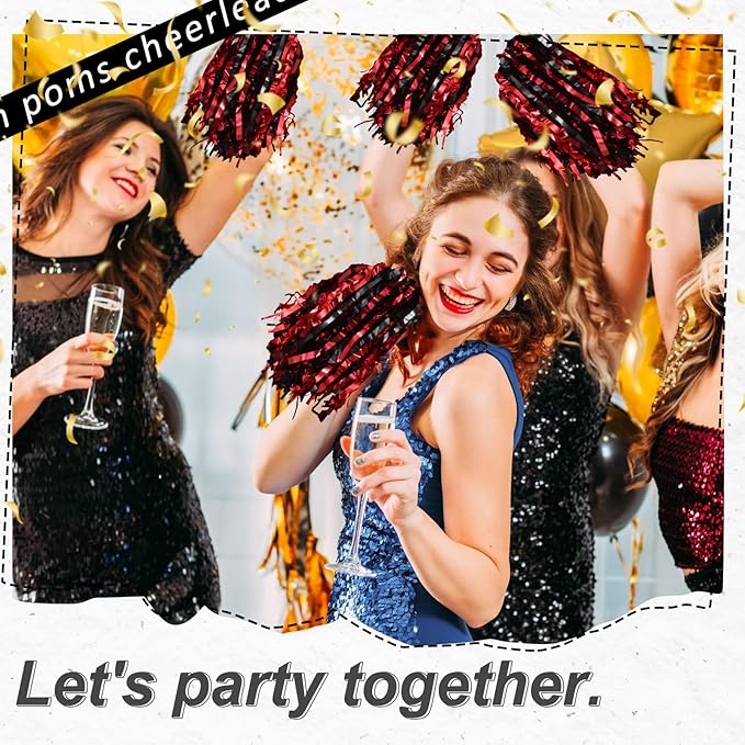 Hanaive 100Pcs Metallic Cheerleading Pom Poms with Baton Handle Cheerleader Pompom Foil 30g Cheering Squad Hand Flowers for Adults Team Spirit Sports Party Cheering
