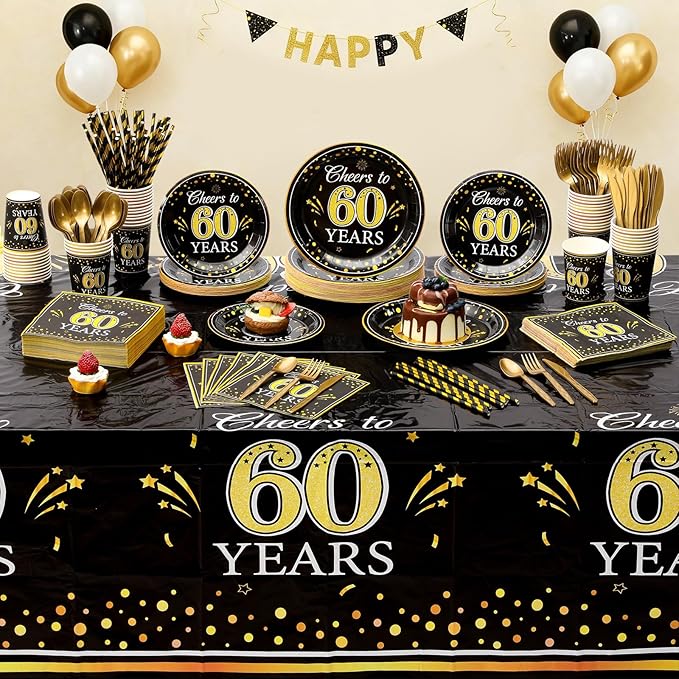 452 Pcs 60th Anniversary Party Decorations, Cheers to 60 Years Paper Plates Napkins Cups Tablecloth Cutlery Straws Disposable Tableware Set for 60th Birthday Party Supplies for 50 Guests