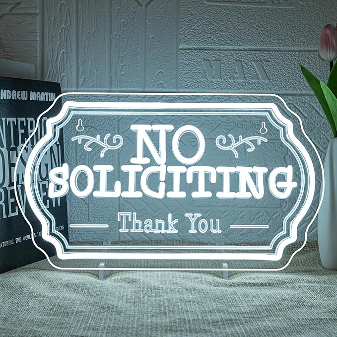 No Soliciting Neon Sign Humorous Neon Signs for Wall Decor Front Door Led Lights White Light Up for Home Shop Store Hotel Restaurant Window Decoration Great Gifts