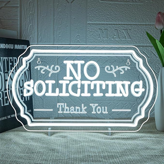 No Soliciting Neon Sign Humorous Neon Signs for Wall Decor Front Door Led Lights White Light Up for Home Shop Store Hotel Restaurant Window Decoration Great Gifts