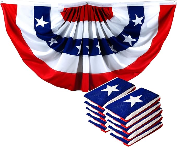 G128 – 10 Pack: USA Pleated Fan Flag, 3x6 Feet American USA Bunting Decoration Flags PRINTED Patriotic Stars & Stripes with Canvas Header and Brass Grommets