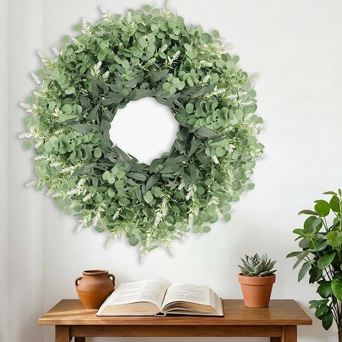 26 Inch Large Eucalyptus Wreath for Front Door, Porch, Window SpringWreaths Green Wreath Artificial Greenery Door Wreaths Decor for Outdoor Indoor Home Farmhouse Spring Summer Fall All Seasons