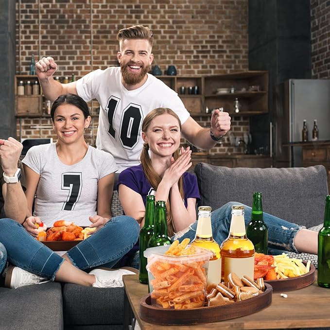 Hushee 3 Pcs Football Serving Trays and Platters 13 Inch Wooden Shaped Football Serving Dishes Tailgate Party Platter Snack for Game Party Decoration(Classic Style)
