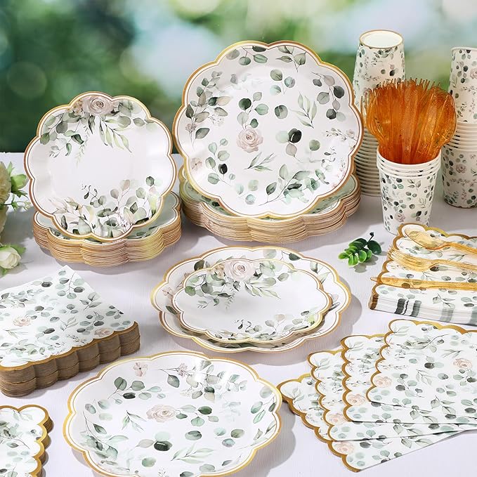 400 Pcs Sage Green Color Party Supplies Serve 50 Guests Eucalyptus Flowers Disposable Paper Plates Napkins and Cups for Bridal Baby Shower Birthday Wedding Party Decorations(Vivid)