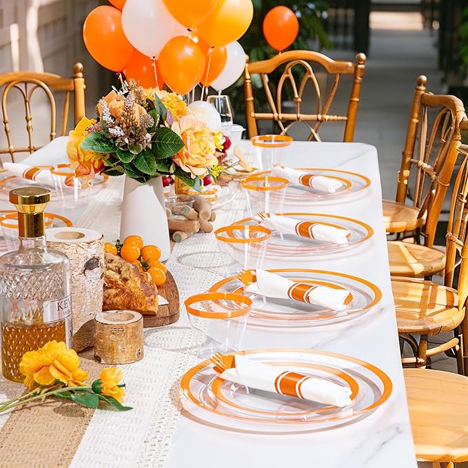 I00000 350 Pcs Clear Orange Plates for 50 Guests, Orange Disposable Plates Set Include 10" Dinner Plate, 7" Dessert Plate, 50 Cups, 50 Pre Rolled Napkins with Cutlery Set for Party and Wedding