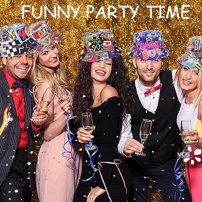 12 Pack Retro 80's 90's Party Bucket Hats With Neon Party Sunglasses, Funny 1980's 1990's Theme Party Hats Set, Retro Photo Booth Props Kit for Hip Hop Parties, Birthday, Wedding, Graduation, Outdoor
