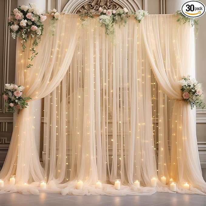 30x8ft Champagne Tulle Backdrop Curtain with Lights String for Parites, Sheer Photo Backdrop Curtains with Lights for Wedding Backdrop Ceremony Reception Bridal Shower Baby Shower Birthday Party