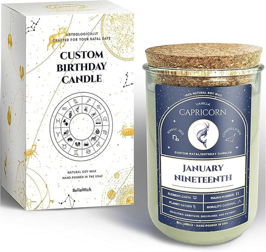 Birthday Candles - Custom Birthdate Astrological Zodiac Scented Candles. Astrology Gifts. All Natural Soy Wax. 75+ Hour Burn Time. Made in USA - January 19