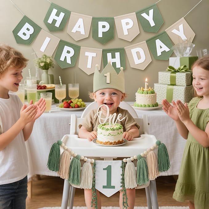 Wild One High Chair Banner Felt Green Happy Birthday Banner Pre-Strung Birthday Party Decorations For Boy 1st Birthday Decoration