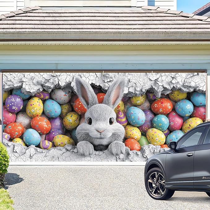 Easter Bunny with Colorful Eggs Garage Door Banner 7x16FT, Cute Bunny & Easter Egg Design, Outdoor Spring Holiday Decoration for Garage & Front Yard
