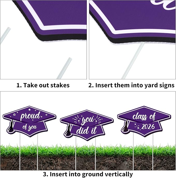 Aneco Waterproof 2026 Grad Yard Signs Plastic Graduation Yard Signs Party Outdoor Lawn Decorations 16 Inches Glitter Congrats Grad Lawn Sign with Stakes for Outdoor Party Garden Decor (Purple)