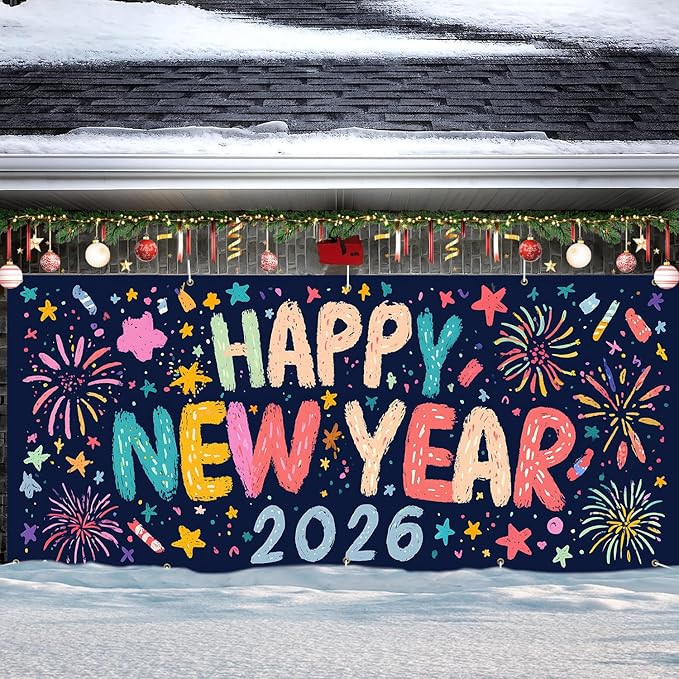 Happy New Year 2026 Garage Door Banner 7x16FT, Colorful Fireworks Garage Door Cover, Large Outdoor New Year Decoration Backdrop for Garage Doors, Fence, Yard, Holiday Party