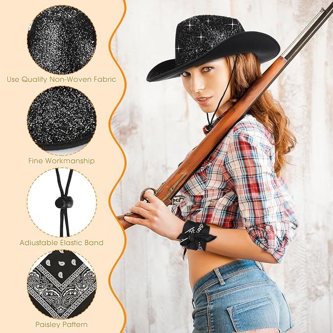 Coume 12 Pcs Sparkly Adults Cowboy Hat and Bandanas Women Men Western Glitter Cowgirl Party Hats with Adjustable Drawstring