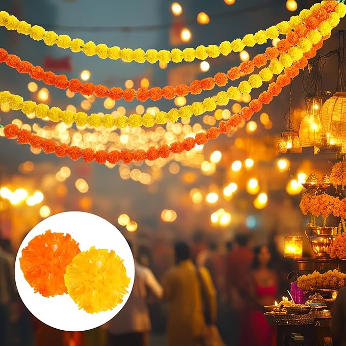 Giegxin 15 Pack Marigold Garland for Decoration 5 ft Long Strands Faux Artificial Marigold Flowers for Dia De Los Muertos Diwali Indian Wedding Party Decorations(Yellow,Orange)