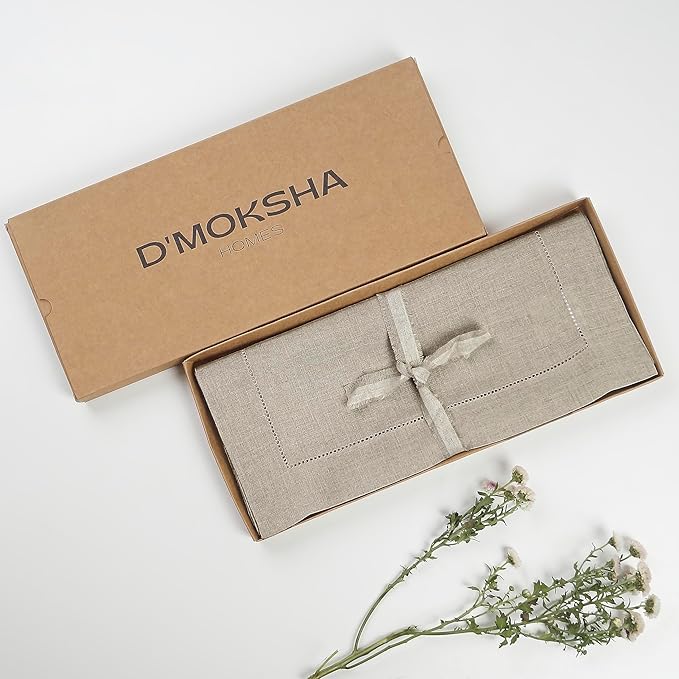 D'Moksha Homes Linen Natural Table Runner 144 Inches Long - 100% Pure Linen Extra Long Table Runner 14 x 144 Inch for Valentines, Spring, Easter - Classic Hemstitch