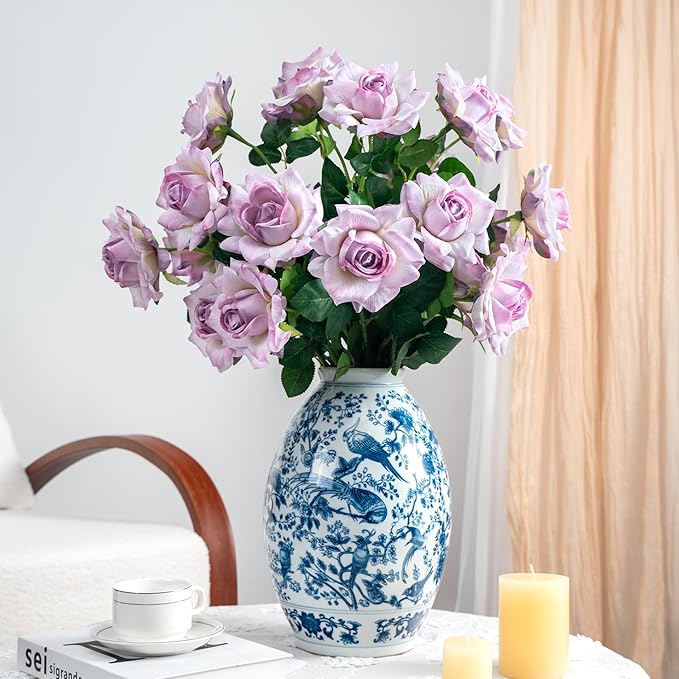Artificial Flowers Artificial Roses Fake Roses 23.2In Long Stem Artificial Flowers for Tall Vase Silk Rose 20PCS Suitable for Wedding Party Decor Valentine's Day DIY Bouquet Spring (Purple)
