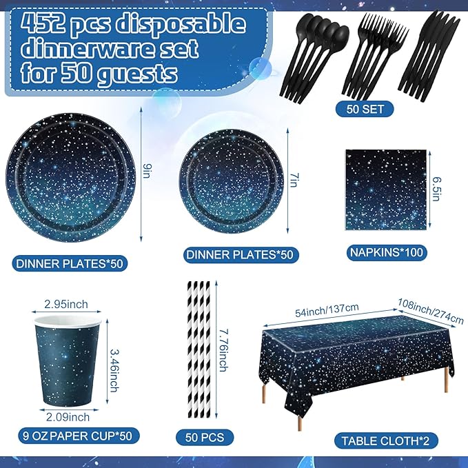 452 Pcs Galaxy Party Decorations for 50, Starry Night Theme Paper Plates Napkins Cups Tablecloth Cutlery Straws for Outer Space Theme Birthday Bridal Baby Shower Party Decorations Supplies