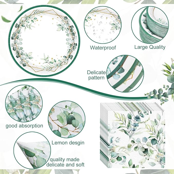 452 Pcs Sage Green Party Decorations for 50 Guests, Eucalyptus Theme Paper Plates Napkins Cups Tablecloth Cutlery Straws for Bridal Baby Shower Birthday Wedding Party Decorations Supplies