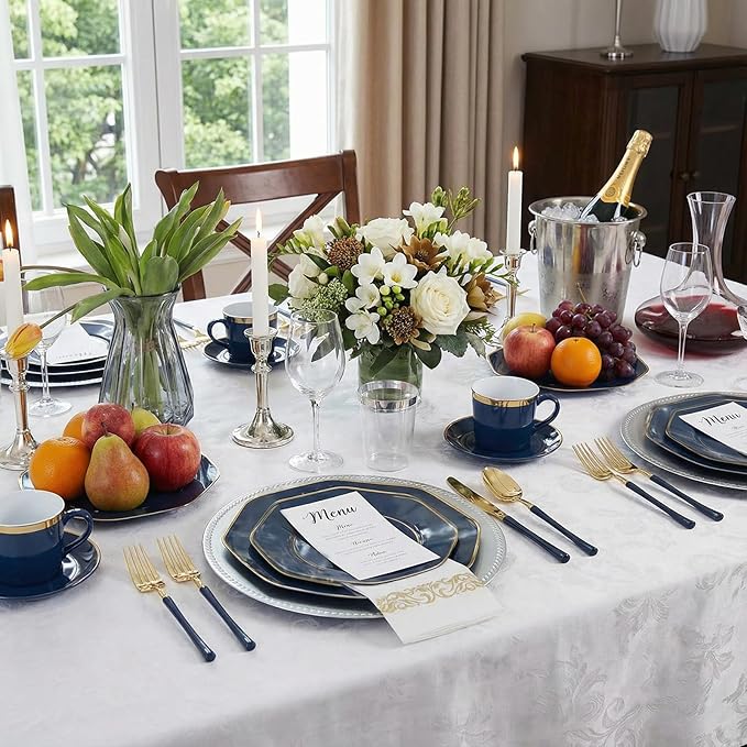 KIRE 140Pcs Blue Plastic Plates with Gold Rim - Gold Disposable Plastic Silverware with Blue Handle&Clear Cups&Hand Napkin - Geometric Party Plates for Hanukkah/Holiday/Party
