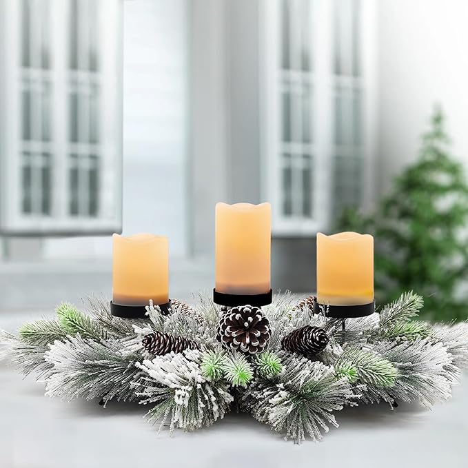 Christmas Centerpiece Table Decorations, Handcrafted Snowy Pine Cones and Pine Needles with 3 Candle Holders for Dining Table Fireplace Mantel - 27.5 in