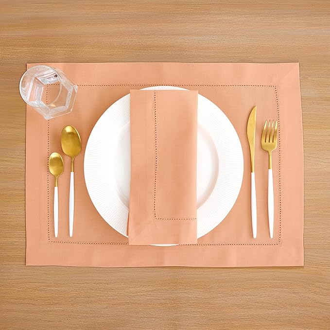 Solino Home Cotton Linen Placemats Set of 4 - Hemstitch Peach Bloom Placemats 14 x 19 Inch - Machine Washable Table Mats for Valentines, Spring, Easter